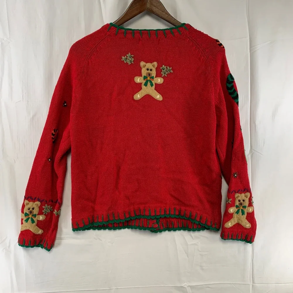 Hampshire Studio Cardigan Women‎ M Red Christmas Teddy Bear Applique Sweater
